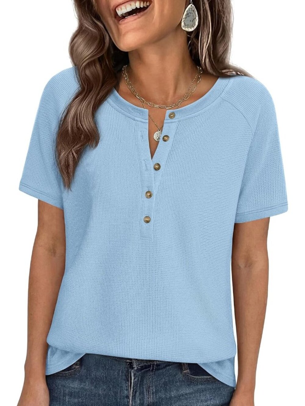 Women's Light Blue Short Sleeve Blouses Dressy Casual Henley Tops Clothes Shirts